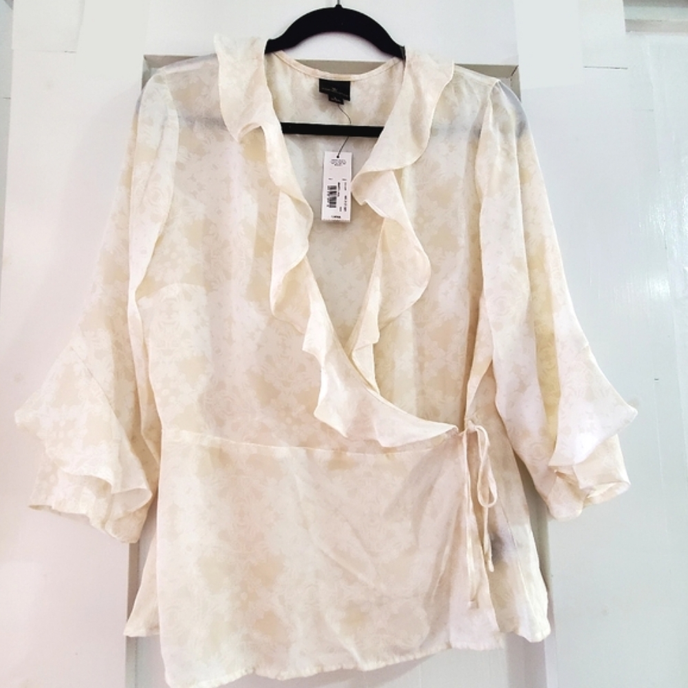 Sheer Floral Lace Wrap Blouse Cream Ivory Side Tie Ruffle